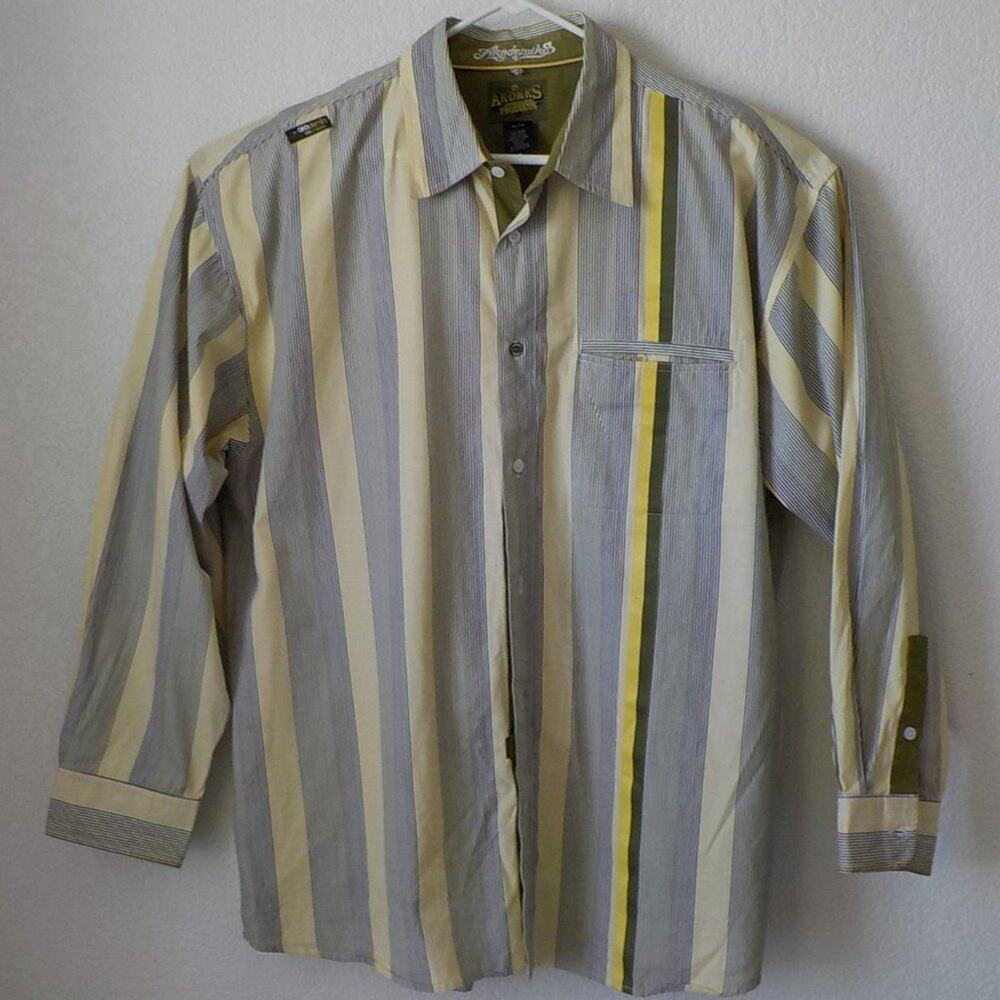 Akademiks Green Yellow Striped Button Up Shirt Long Sleeve Men size XL Classic